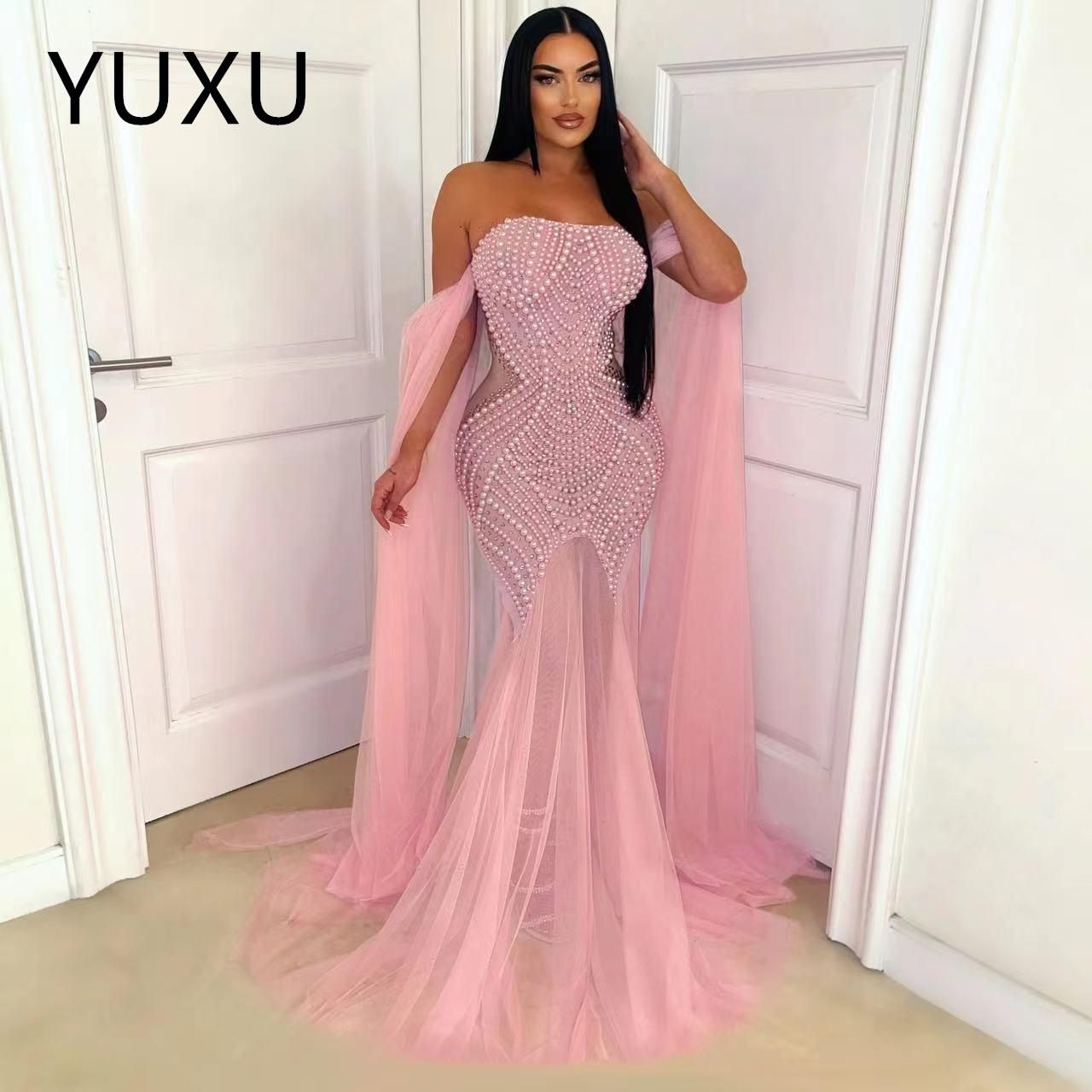 Mermaid Sexy pearls beaded Prom Dresses Illusion Bodice Strapless Sequins Evening Pleats Split Formal Long Special Ocn Party Dress Gowns Sexy Sparkly 