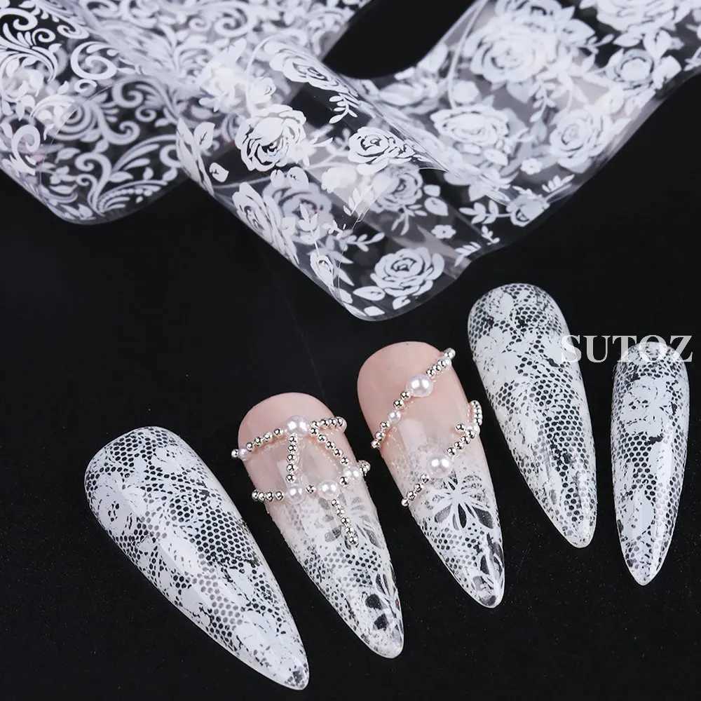 10pcs Black White Lace Nail Foil Sexy Floral Transfer Stickers Holographic French Flowers Decals Art Manicure Decoration NLLS-01XJ250120