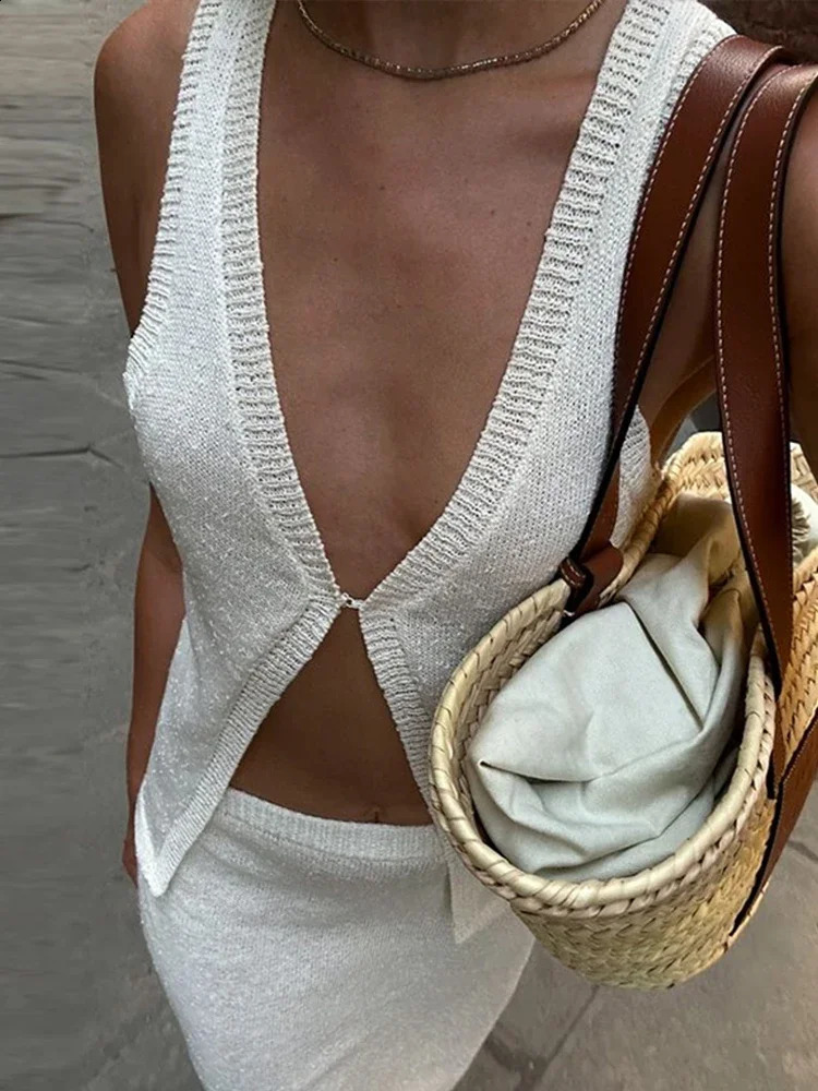Knit White Tank Top Skirts Sets Women Casual V-neck Sleeveless One Button Vest Straight Skirt Female Suit Summer Beach Lady Set 240815
