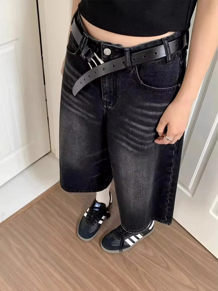 QWEEK Y2k Baggy Vintage Jort High Waist American Streetwear Wide Leg Knee Length Jeans Casual Loose Summer Denim Shorts y240830