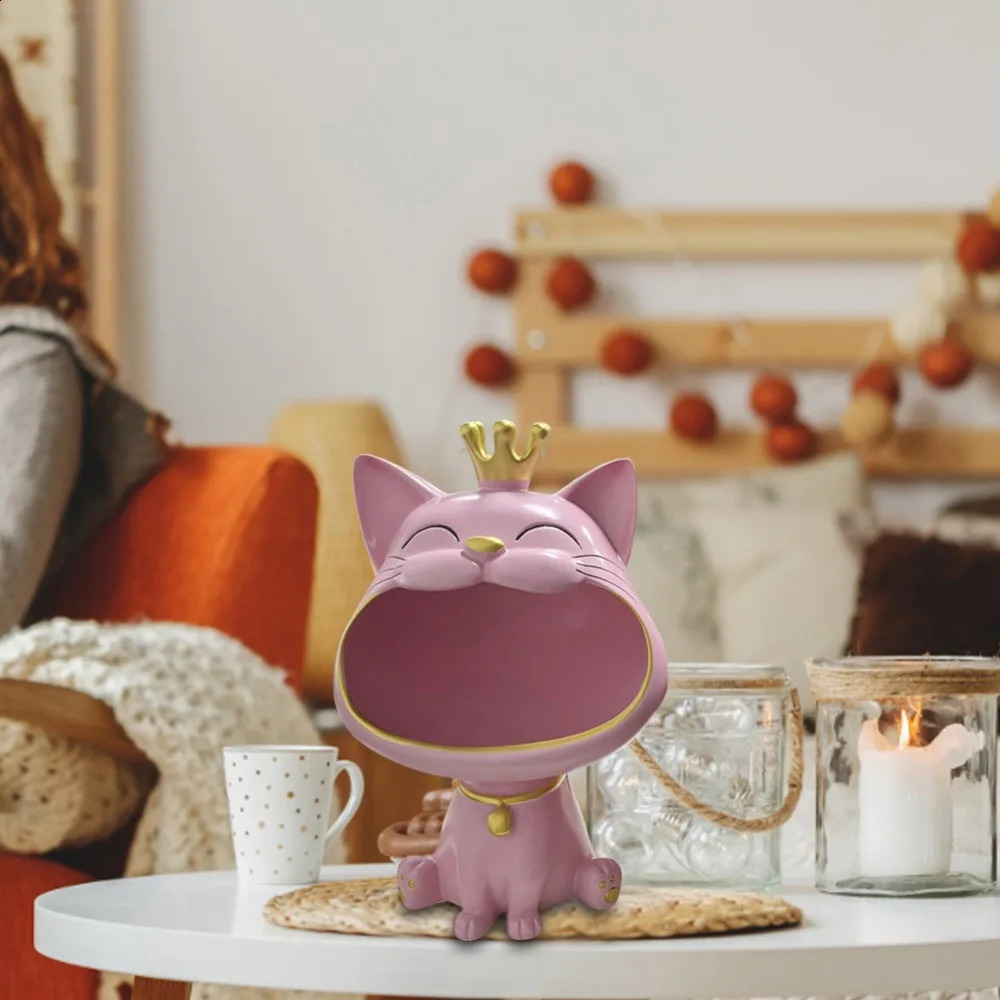 Lucky Cat Statue Fortune Crown Big Mouth Cat Statue Entrance Key Storage Tray Housewarming Gift Sculpture Decorative 240816