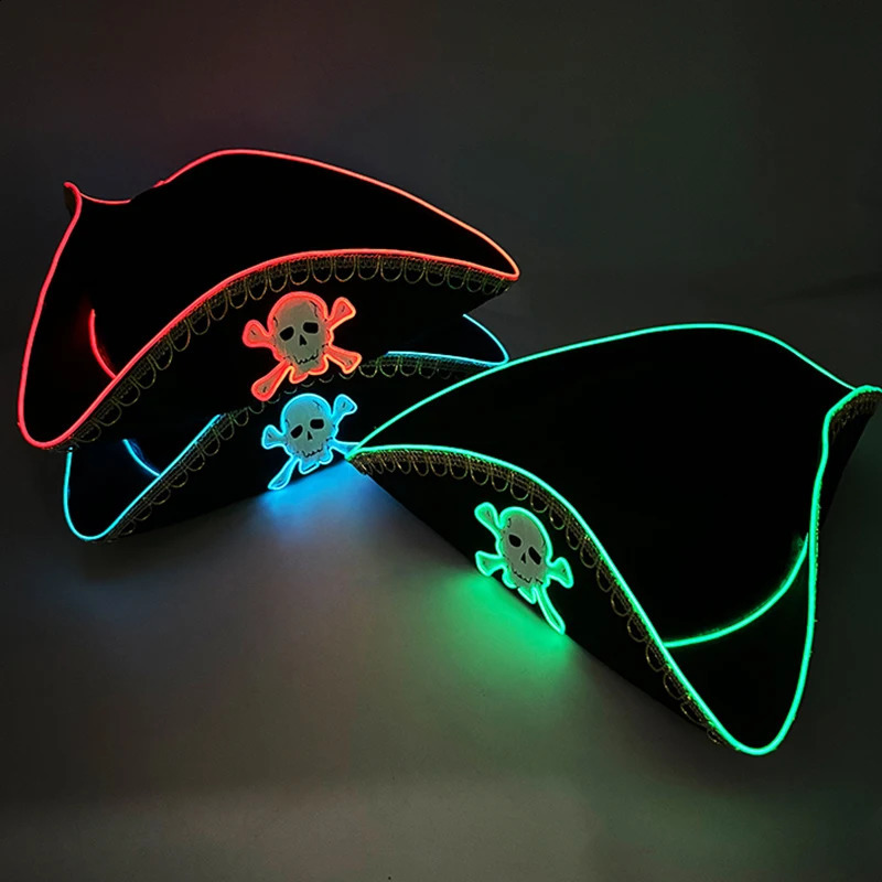 style Led Captain Hat Halloween Masquerade Pirate Theme Party Cosplay Captain Costumes Accessories Light Up Skull Pattern Hat 240816