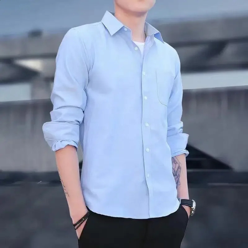 Mens Spring Autumn Long Sleeve Shirt Slimming Casual Business Oxford Cloth Grey Short Sleeve Shirt Square Collar 240816