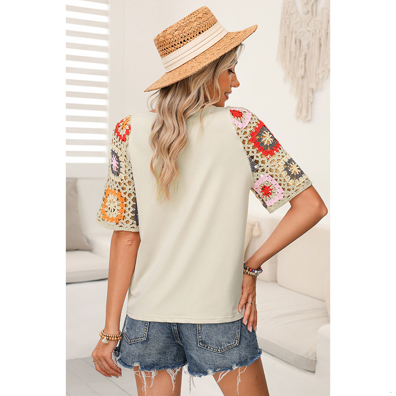 Shiying Spring New Hooded Round Neck T-shirt for Women's Casual Versatile Crochet Short Sleeve Top