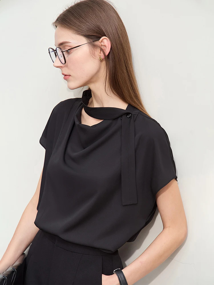 Amii Minimalism Summer Solid Womens Shirt Tie Loose Sleeves Swinging Neck Chiffon Fashion Top Women 12422010 240814