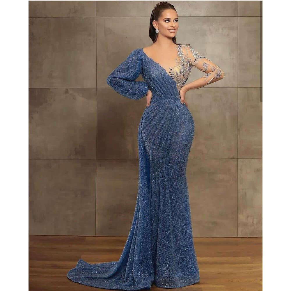Blue Evening Gowns Sheer Jewel Neck Beaded Lace Long Sleeve Mermaid Prom Dress Sweep Train Illusion Robes 6660311