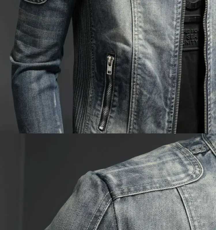 New mens denim jacket trend retro fashion casual stand up collar zipper jacket handmade cyclist clothing denim top W241011