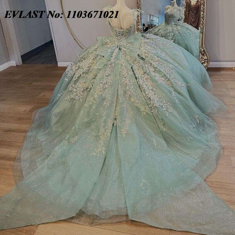 EVLAST Shiny MInt Green Ball Gown Quinceanera Dress Lace Applique Beading Spaghetti Bow Sweet 16 Vestidos De XV 15 Anos