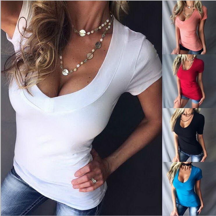 My 2023 sexy solid color deep V-neck short sleeved T-shirt for women as a base