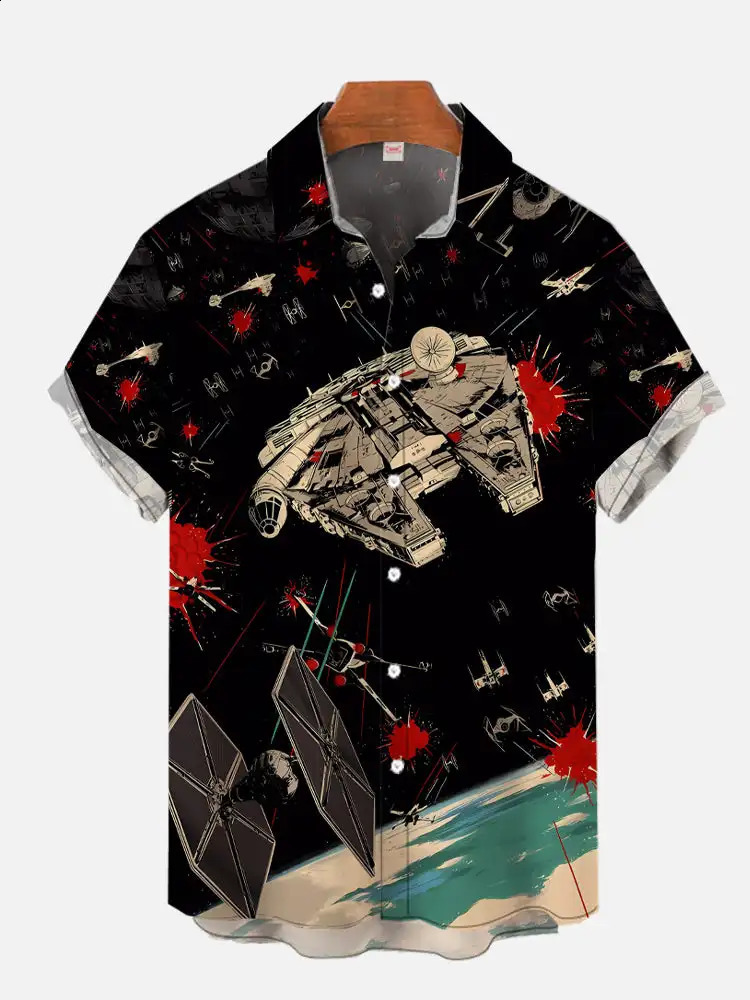 Mens Shirt Red And White Stitching Robot Technology Psychedelic All Terrain Armored Walker Printing Short Sleeve Shirts 240816