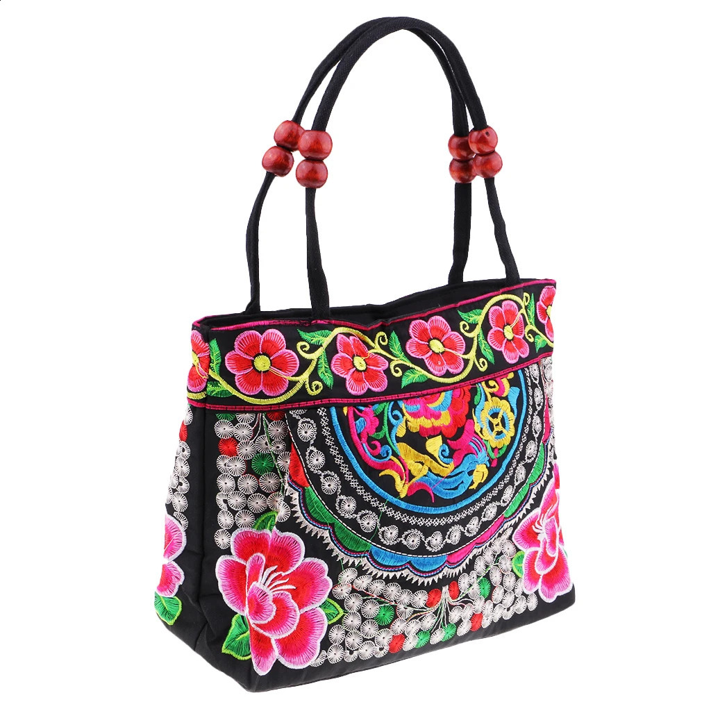 Flower Embroidered Travel Shoulder Bag - Bohemian Double sided Embroidered Flower Canvas Bag 240816