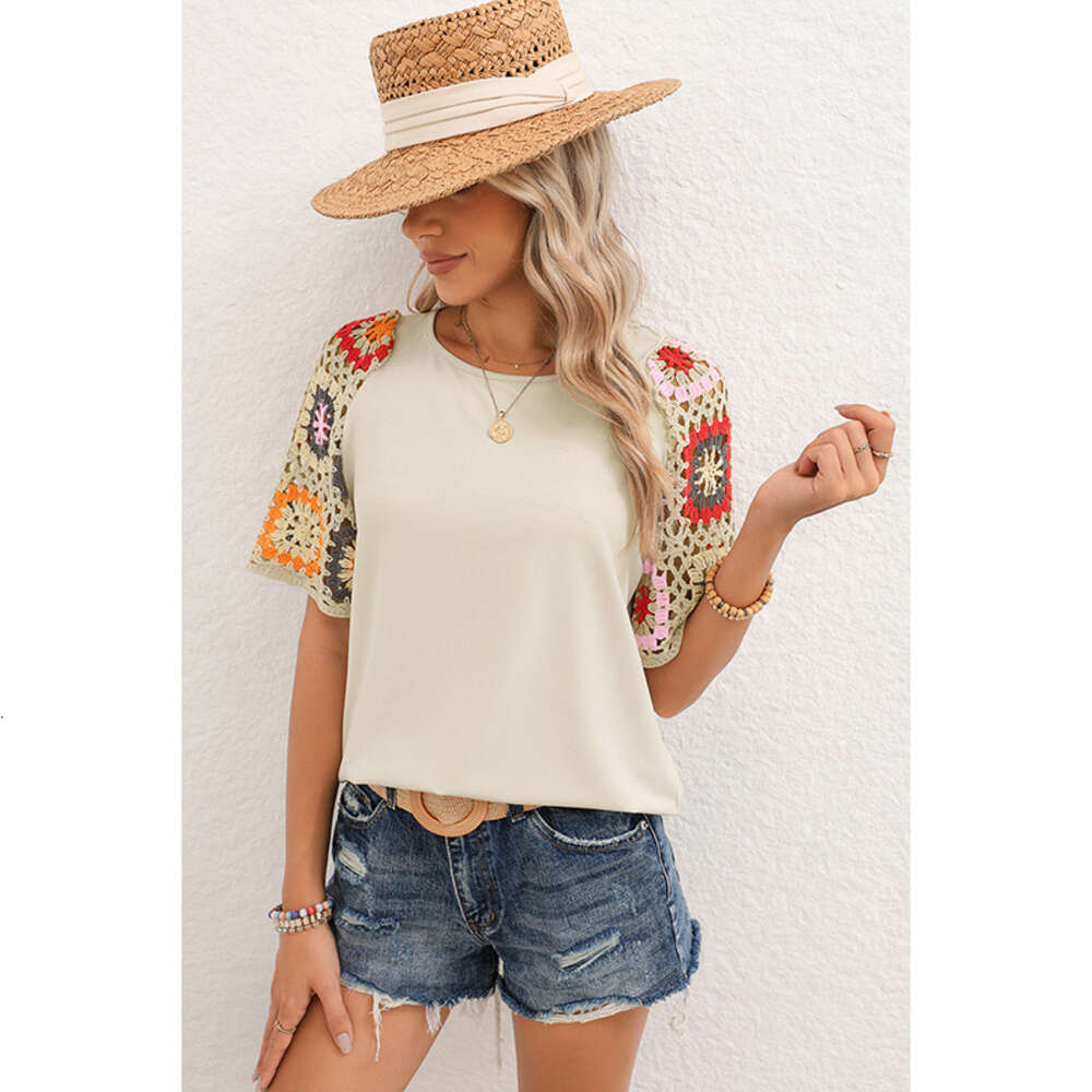 Shiying Spring New Hooded Round Neck T-shirt for Women's Casual Versatile Crochet Short Sleeve Top