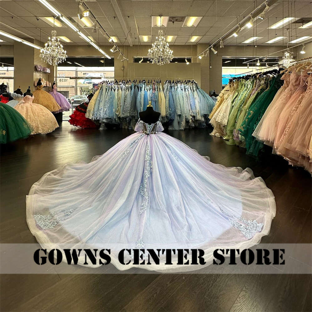 Eent Light Blue Butterflies Lace Appliques Off The Shoulder 15 Dress Quinceanera 2024 Ball Gown Corset Quince Dresses Lz0304