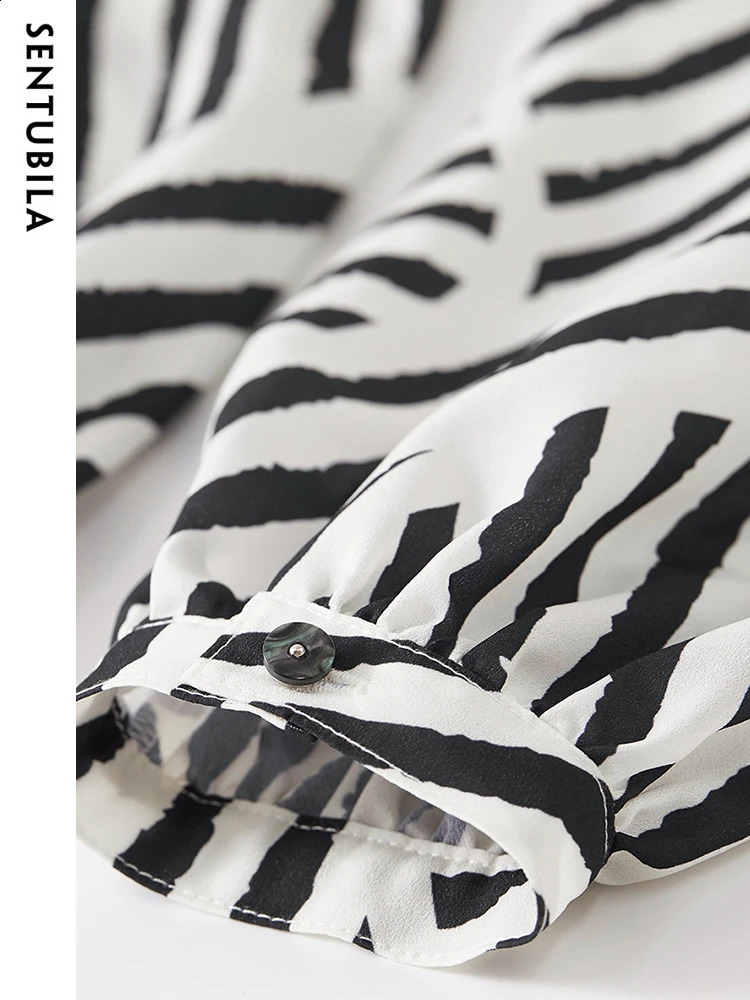 SENTUBILA Womens Elegant Printed Chiffon Top and Fashion Comparison Striped Round Neck Puff Sleeves Loose Autumn Shirt 240814