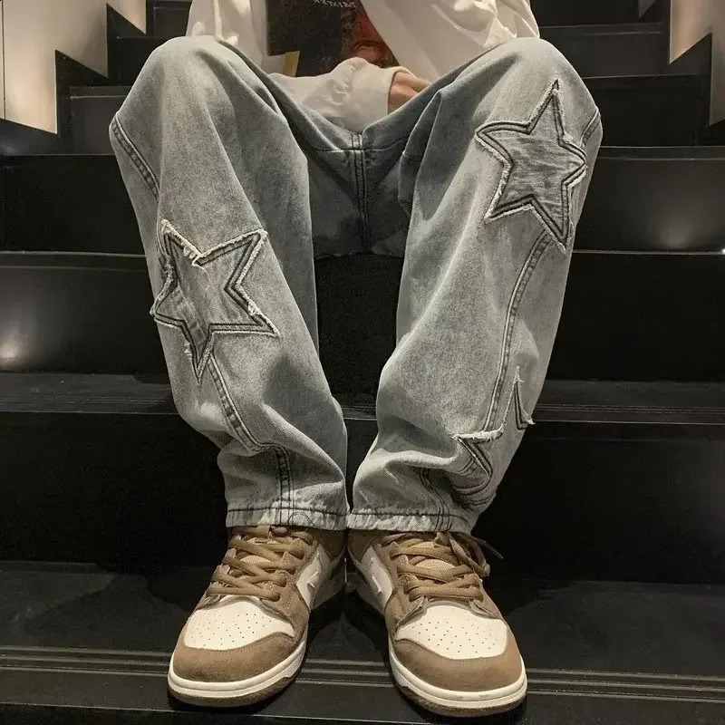 Mens Star Embroidery Straight Casual Jeans Baggy Gothic Neutral Wide Denim Pants Hiphop Fashion Youth Streetwear Male Y2K y240820
