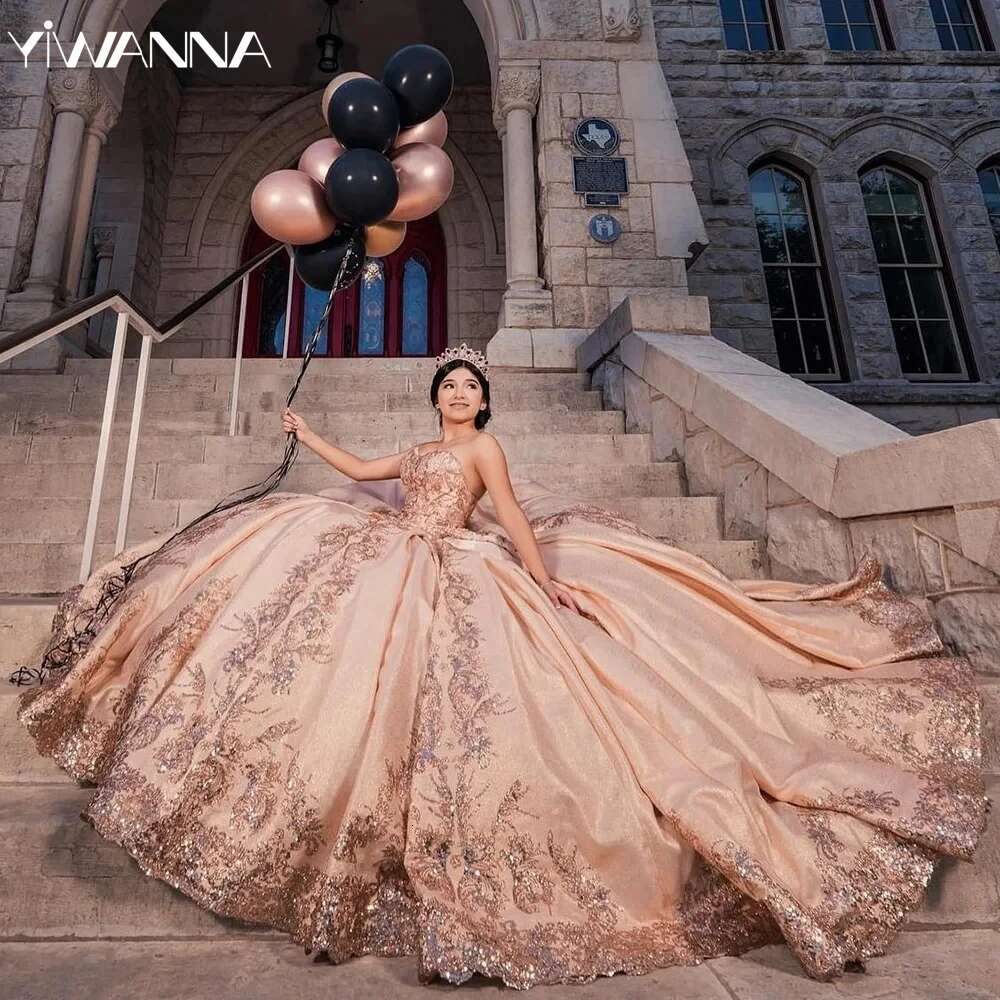 Glitter Sequined Lace Appliques Quinceanrra Prom Dresses Romantic Sweetheart quinceanera Neck Princess Long Sweet 16 Dress Vestidos