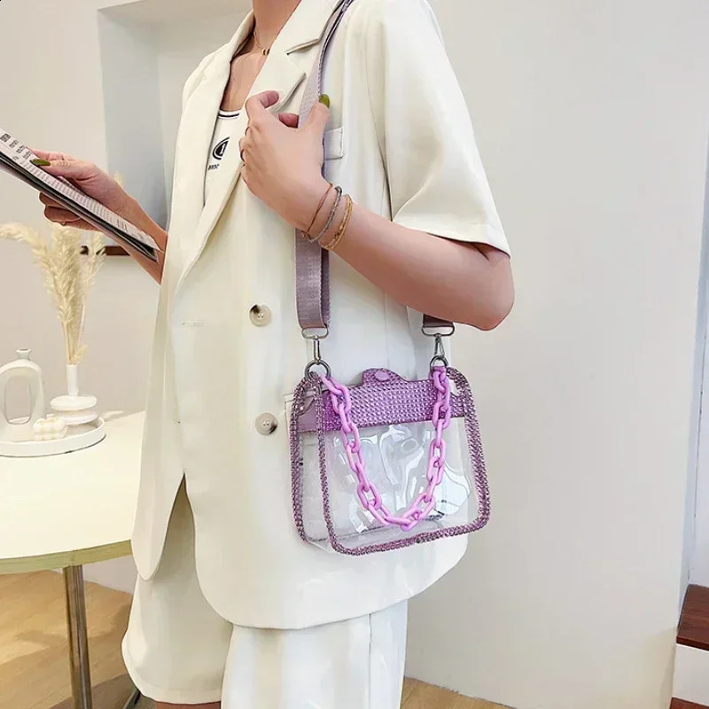 PVC Transparent Shoulder Crossbody Bag for Women Rhinestone Thick Chain Ladies Small Purse and Handbags Fashion Jelly Beach Tote 240816