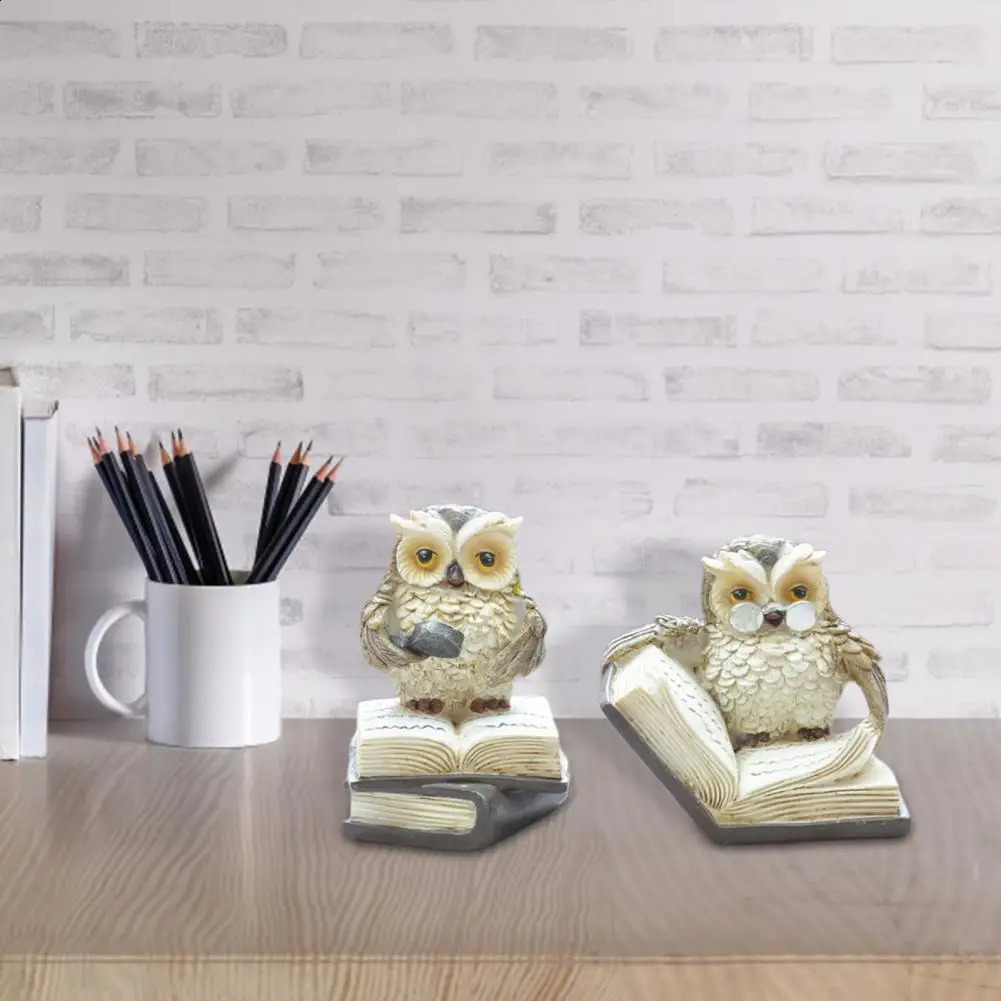 Figurine Owl Statue Ornament Animal Miniature 2Pcs/Set Owl Statue Cartoon Realistic Resin Reading Book Owl Figurine Home Decor 240816