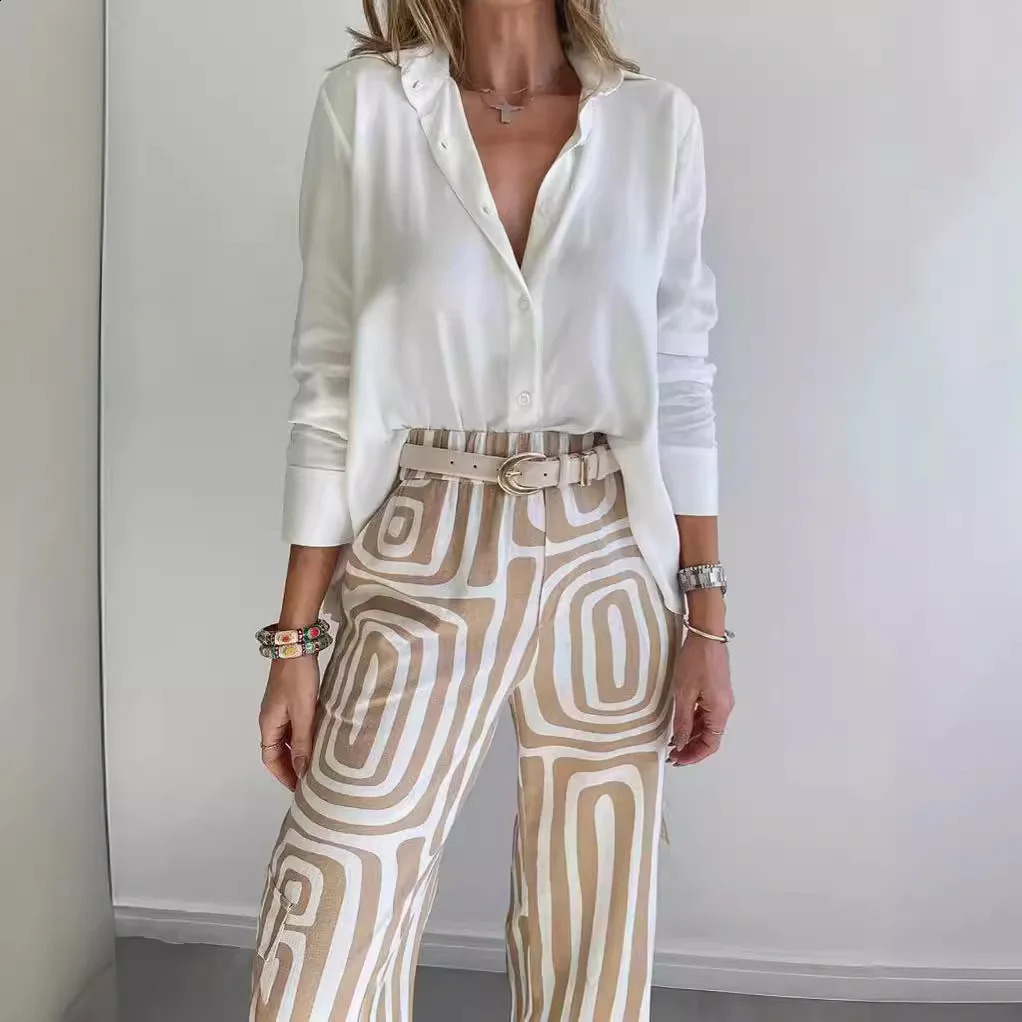 2024 Casual Suit Womens White Shirt Loose Digital Printed Pants Twopiece Sets For Women Outfits 240816