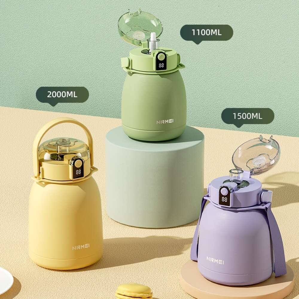 Stainless steel intelligent insulated cup, large capacity children's water kettle, high aesthetic value, internet celebrity, straw, big belly cup