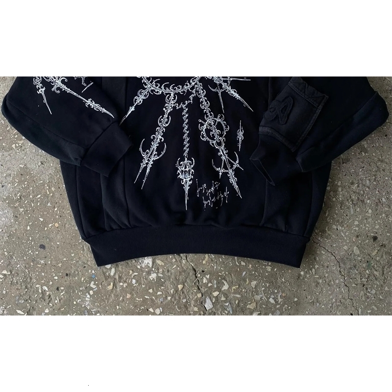 Vintage Zip Up Hoodie Y2K Harajuku Gothic Pattern Patchwork Sweatshirt Men Women Hip Hop Oversize Harajuku Casual Streetwear 240816