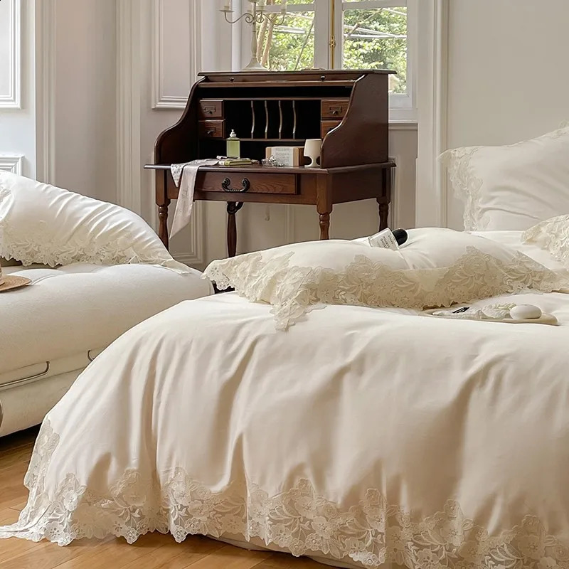 4/7Pcs French Romantic Wedding Chic White Lace Bedding Set 1000TC Egyptian Cotton Ultra Soft Duvet Cover Bed Sheet Pillowcases 240815