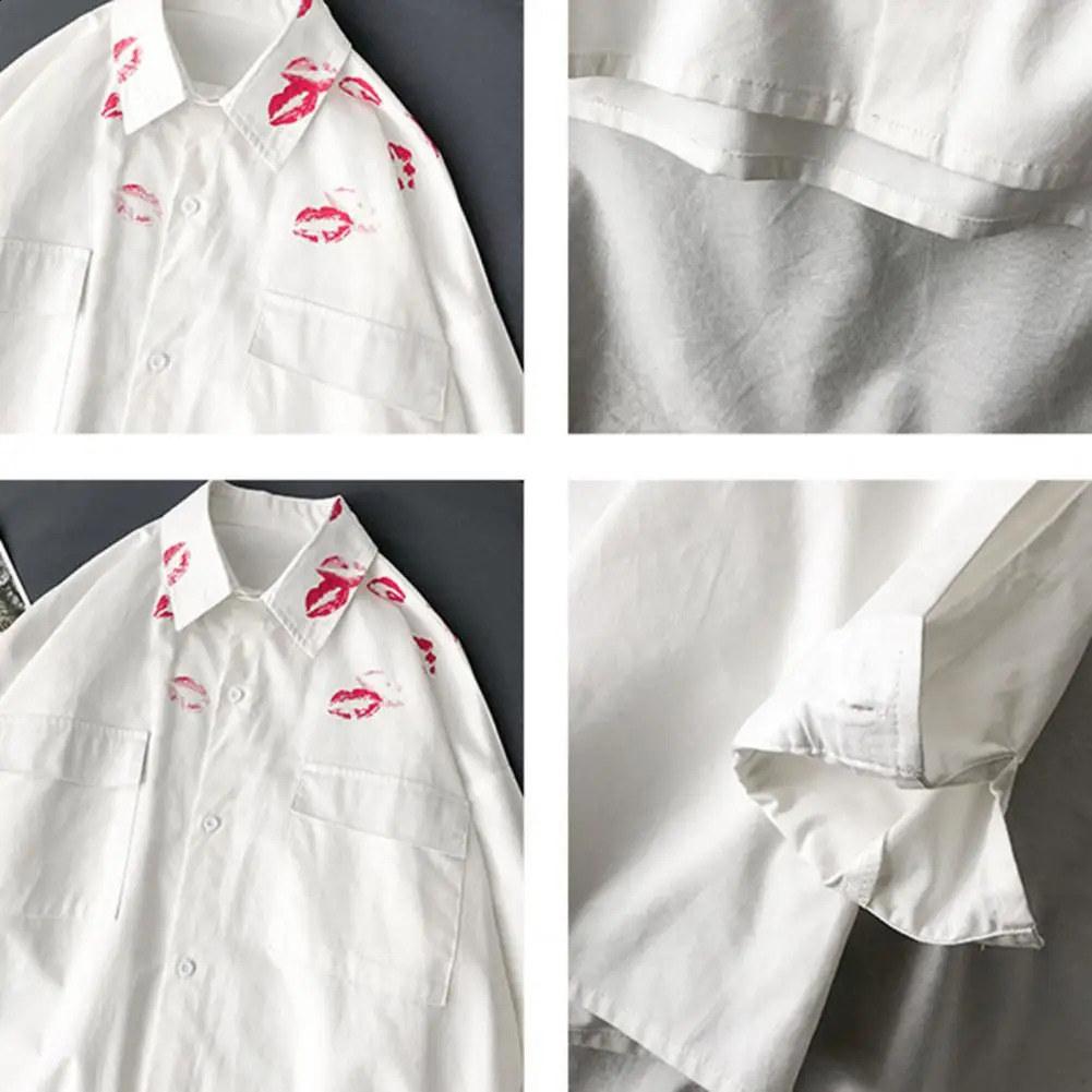 Kiss Print Mens Shirt With Print Vintage Lapel Long Sleeves White Shirt Coat Casual Men Shirts For Men Clothing Harajuku Blouse 240816