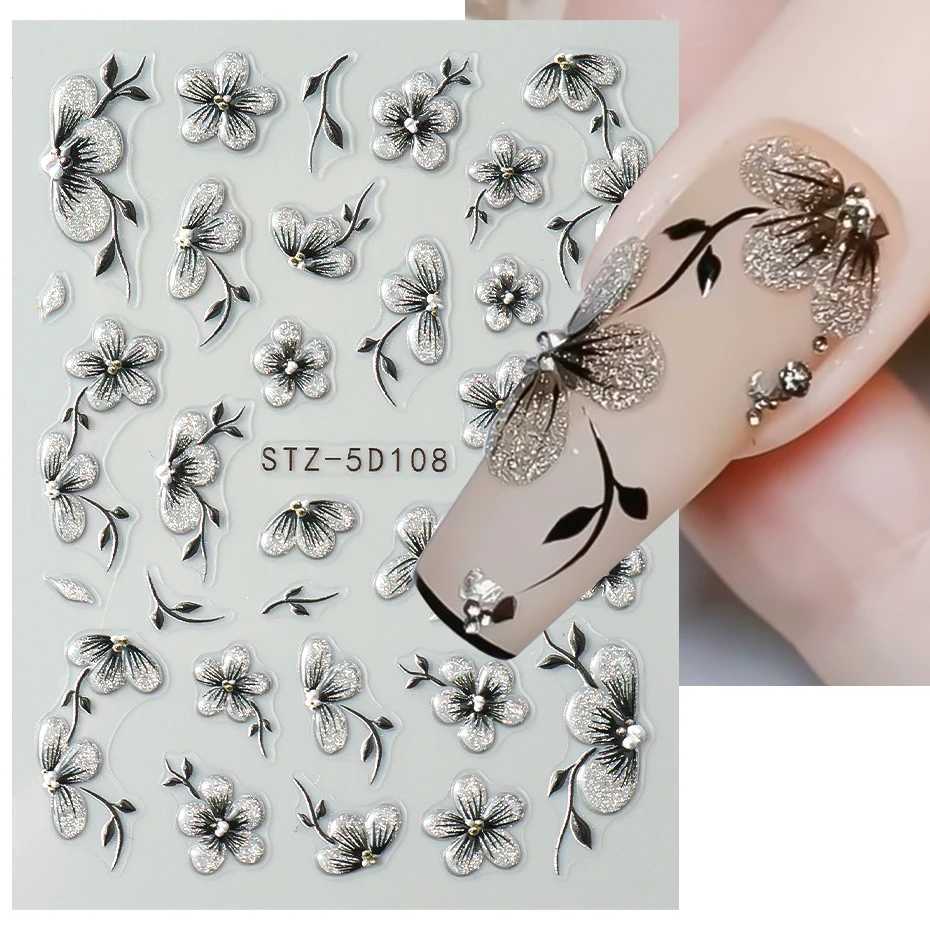 5D Acrylic Glitter Black Flower Nail Art Sticker Decals Watercolor Ink Blooming Floral Leaf Self-adhesive Slider Manicure DecorXJ250120