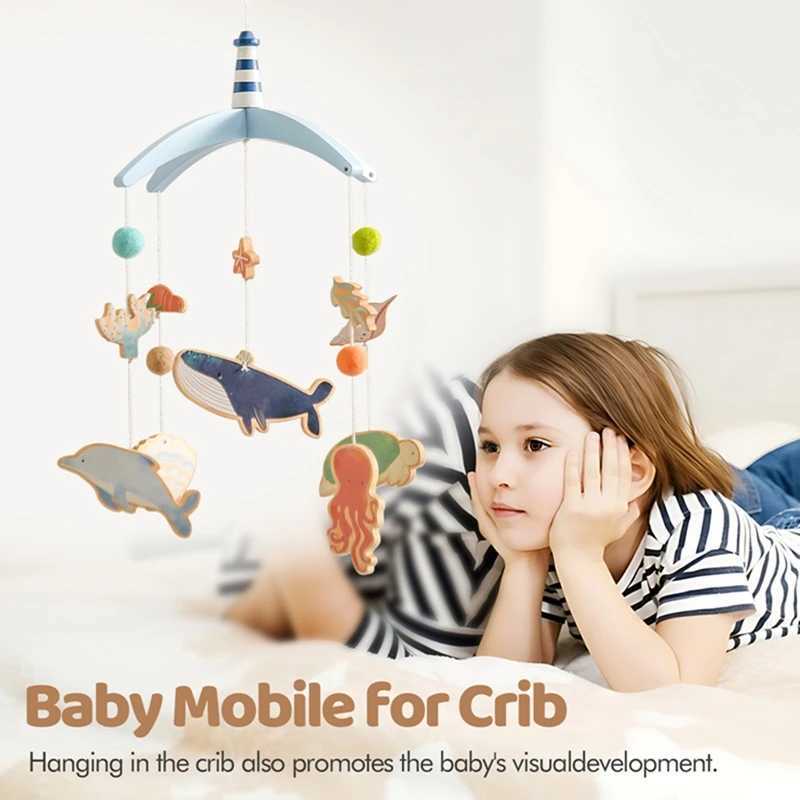 Baby crib bell hanging toy 0-12 months old newborn wooden mobile music baby crib mouse toy cartoon whale baby crib bracket baby gift W240815