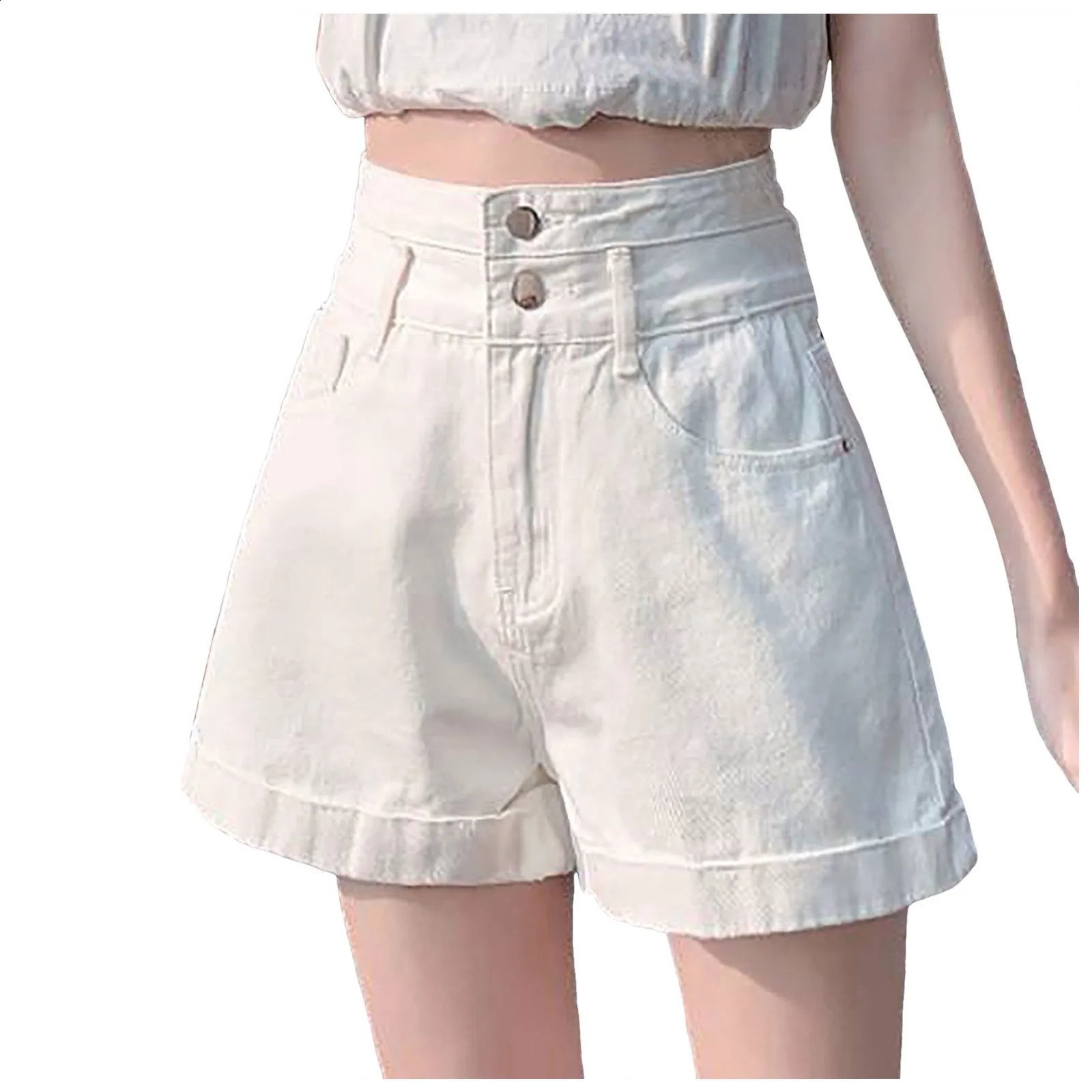 Y2k Denim Shorts Women Wide Leg Rolled Up High Waist Elastic Korean Straight Shorts Buttons Up Casual Baggy Jeans Shorts Pants 240823