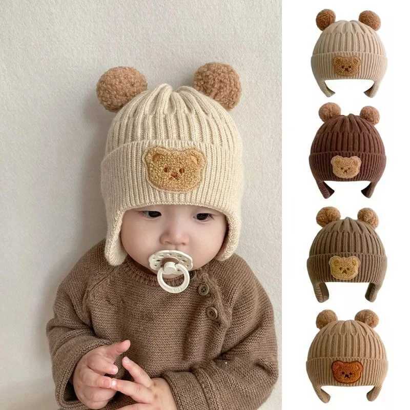 Winter Baby Beanie Cap Cartoon Bear Ear Protection Knitted Hat for Toddler Boys Girls Cute Korean Warm Kids Crochet Hats GorrasY240815