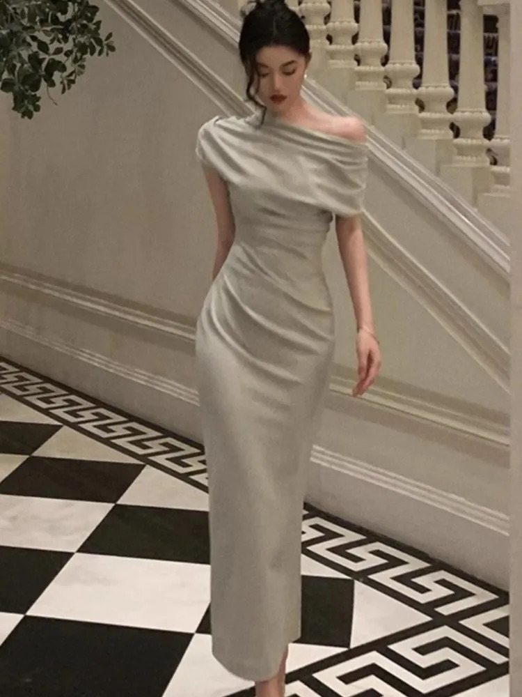 Elegant Off Shoulder Evening Party Dresses for Women Summer Fashion Slim Solid Vestidos Korean Prom Robe Female Clothing 240816