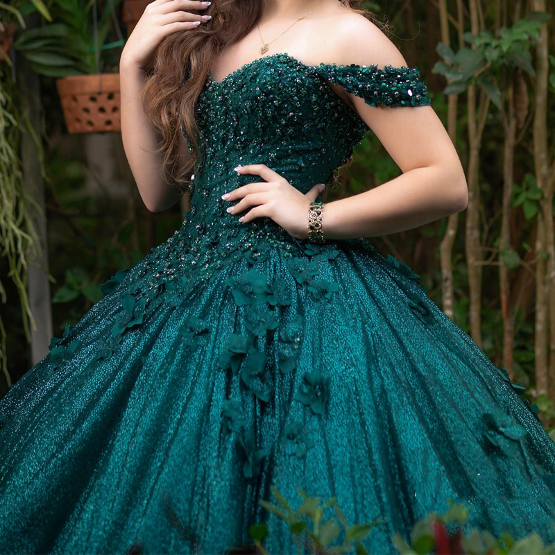 Blackish Green Quinceanera Dress Sweet 16 Dress Off The Shoulder Flower Beaded Crystal Tull Birthday Party Dress vestidos de 15 anos