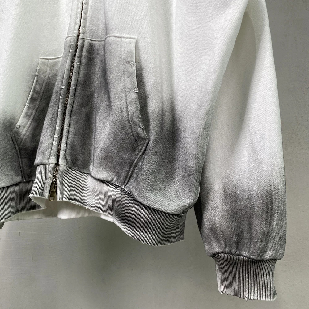 420g Mens Cotton French Terry Plain Hoody Mens Vintage Spray Zipup Hoodie Washed Double Zipper Hoodies 240809