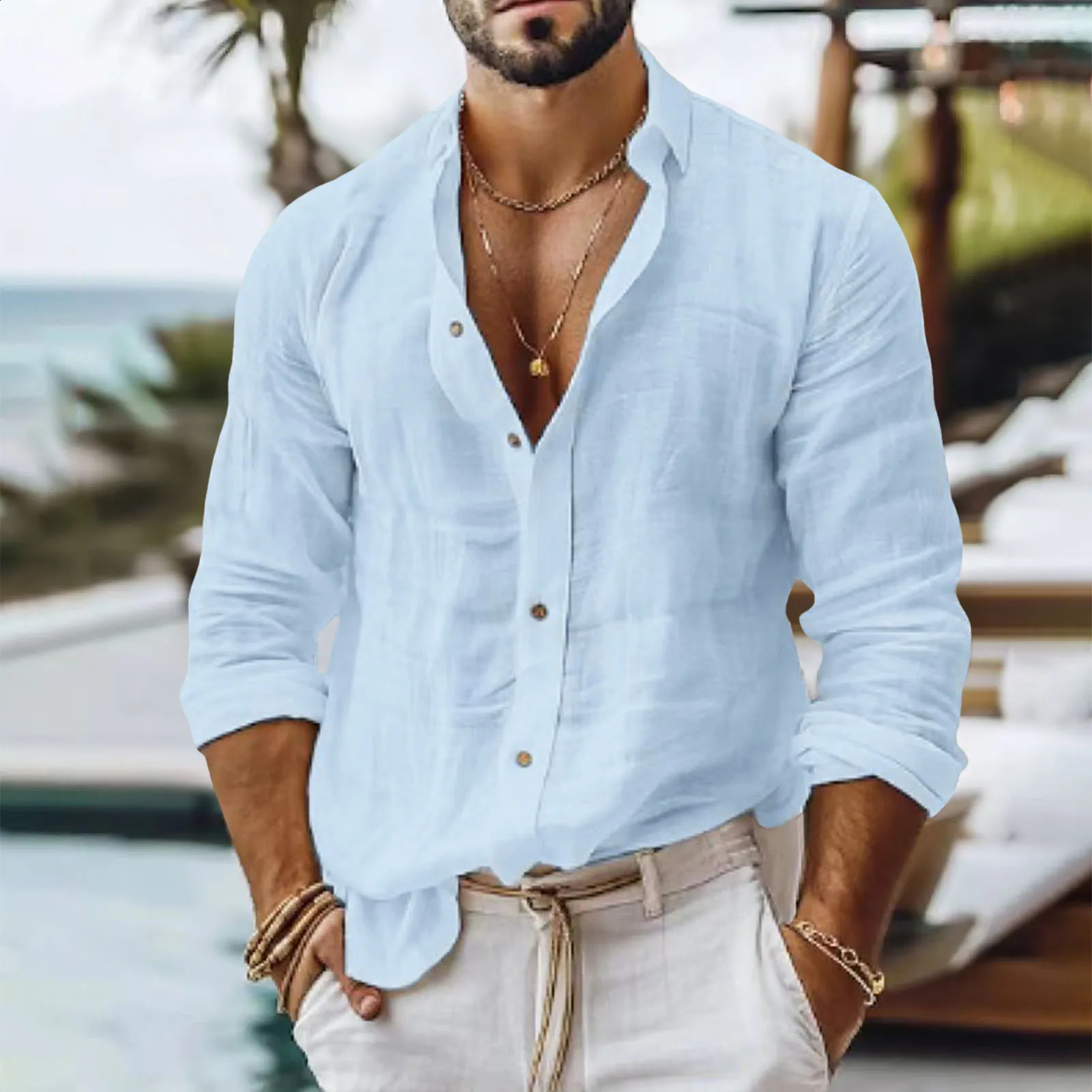 Mens Solid Colour Cotton Linen Shirt Casual Style Slim Fit Stand Collar Long Sleeve Business Casual Shirt Black Long Sleeved 240816