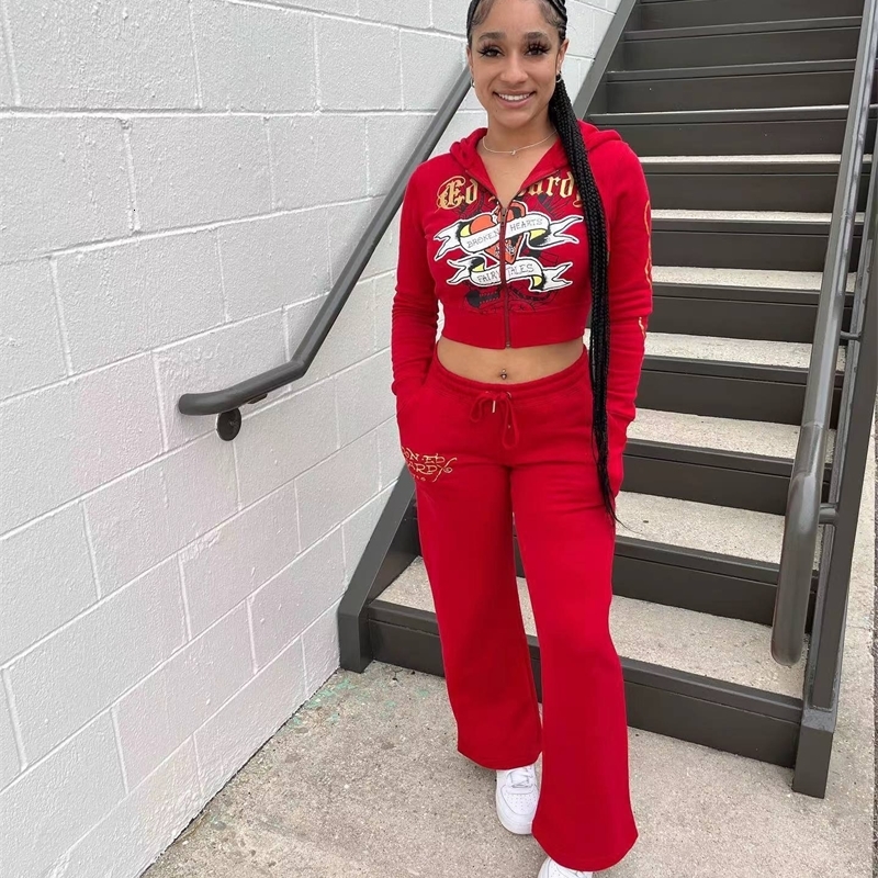 Women Tracksuits Two Pieces Set Designer New Trendy Street Skull Love Printed Basic Zipper Short Cardigan High Waist Straight Leg Pants Sportwear