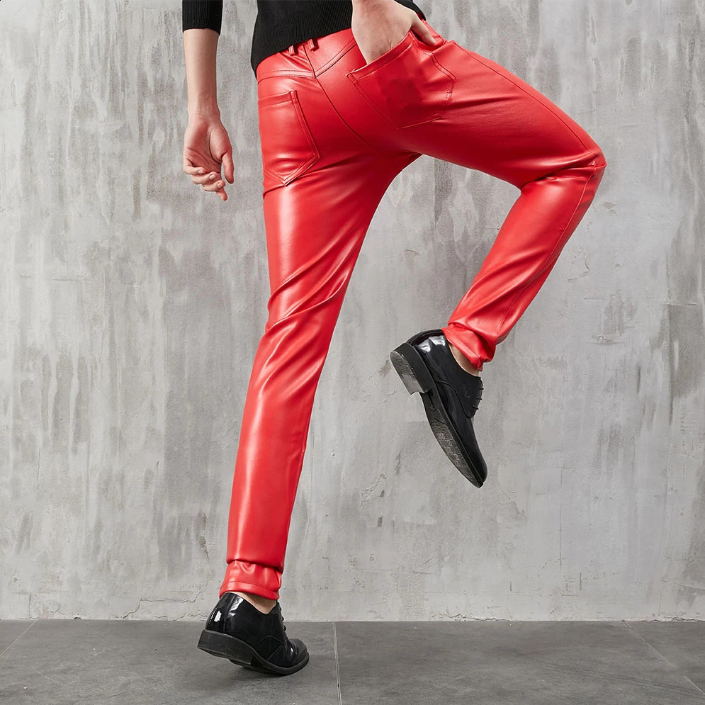 Mens Leather Pants Skinny Fit Stretch Fashion PU Leather Trousers Nightclub Party Dance Pants Thin 240816CJ