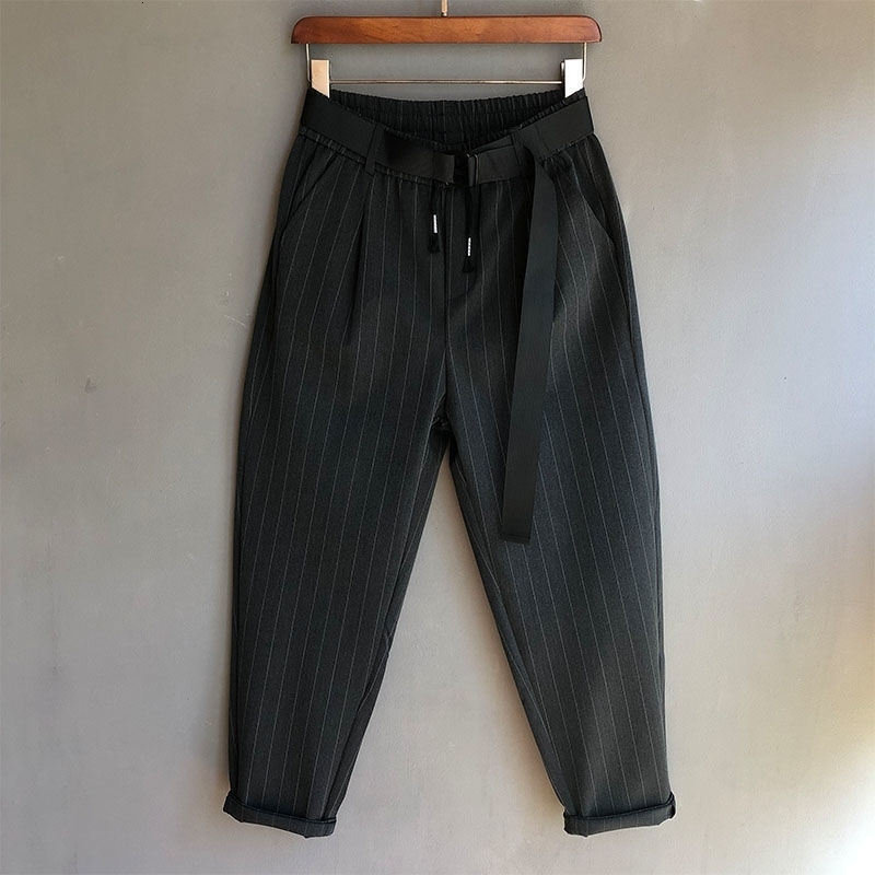 Idopy Fashion Mens Harem Jogger Striped Ankle Length Belt Dress Hip Hop Street Clothing Hip Hop Mens Pants 240815