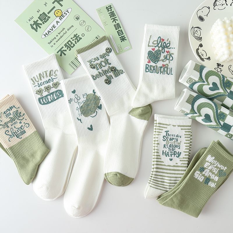 Ins Trendy Japanese Styles - Women's Long White and Green Sports Socks for Students
