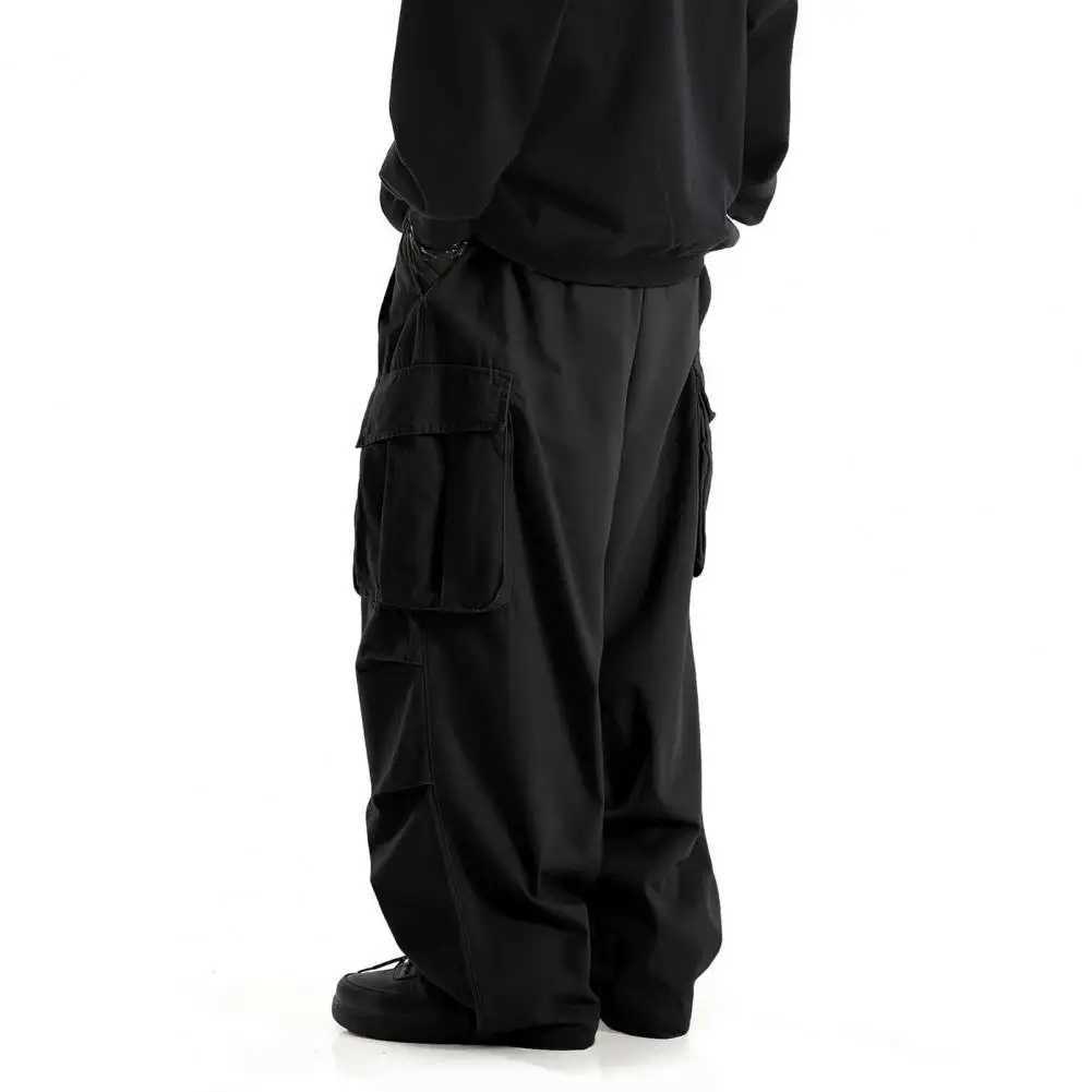 Solid Color Men Sweatpants Vintage Wide Leg Mens Cargo Pants with Multi Pockets Elastic Waist Hip Hop Streetwear Style OutdoorM240815