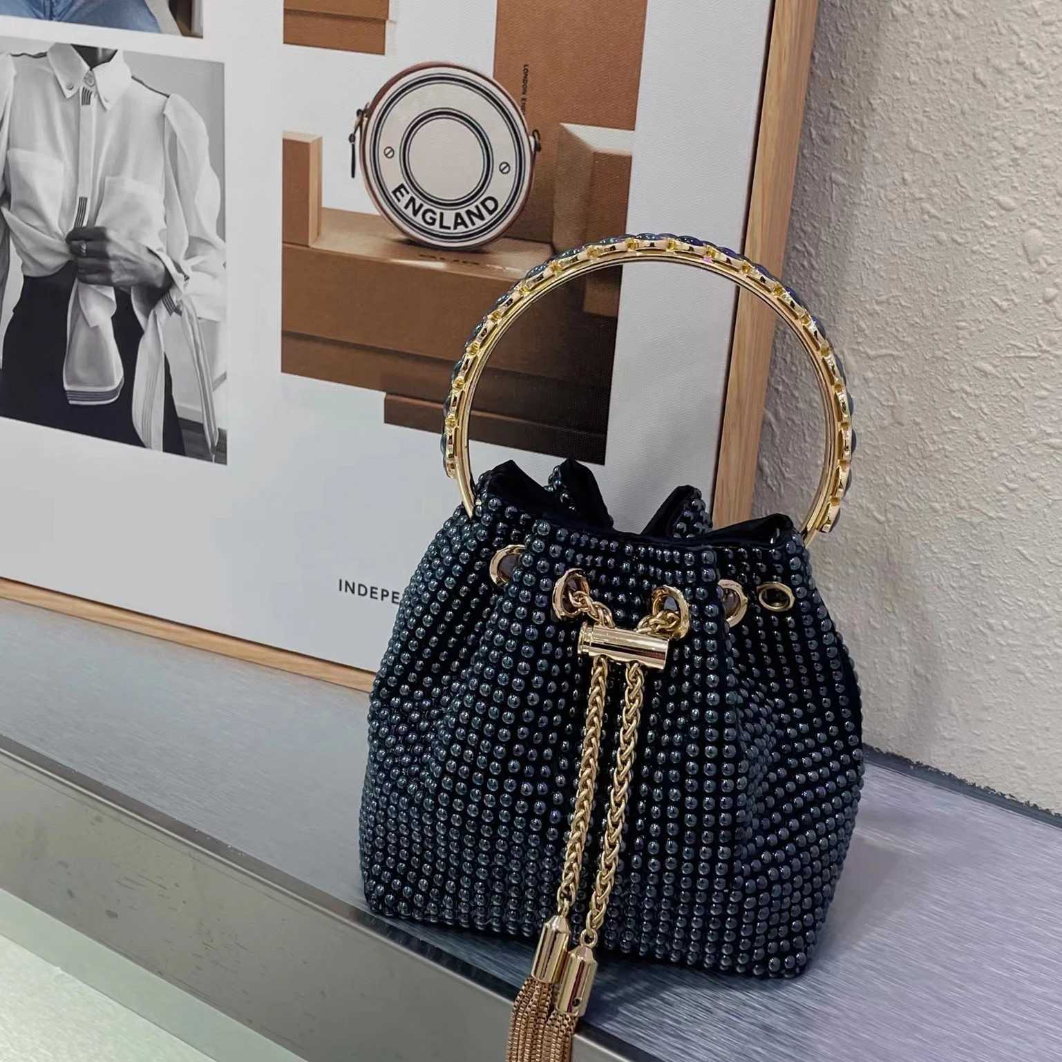 2024 New Handbag Handmade Diamond Ceramic Beads Bucket Bag Metal Sequined Tassel Shiny Candy Color Portable Messenger Bag Women CL240816