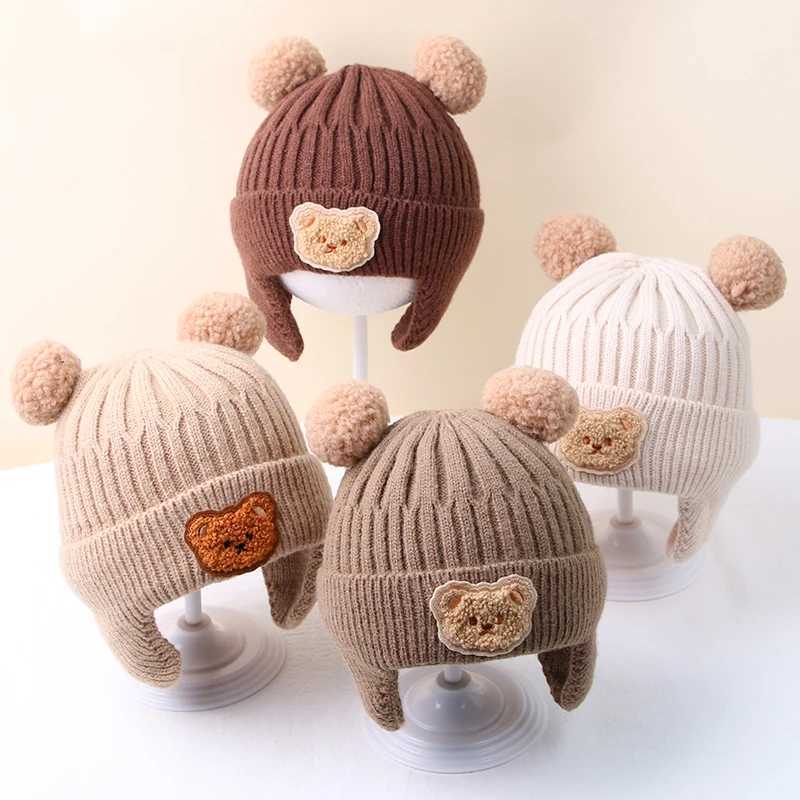 Winter Baby Beanie Cap Cartoon Bear Ear Protection Knitted Hat for Toddler Boys Girls Cute Korean Warm Kids Crochet Hats GorrasY240815