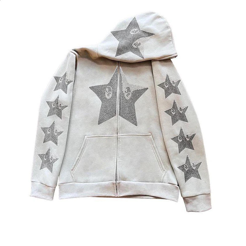 Y2K Star Rhinestone Hoodies Men Women Gothic Black Zip Up Oversized Sweatshirts Coat Vintage Harajuku Hooded Jacket Streetwear 240809