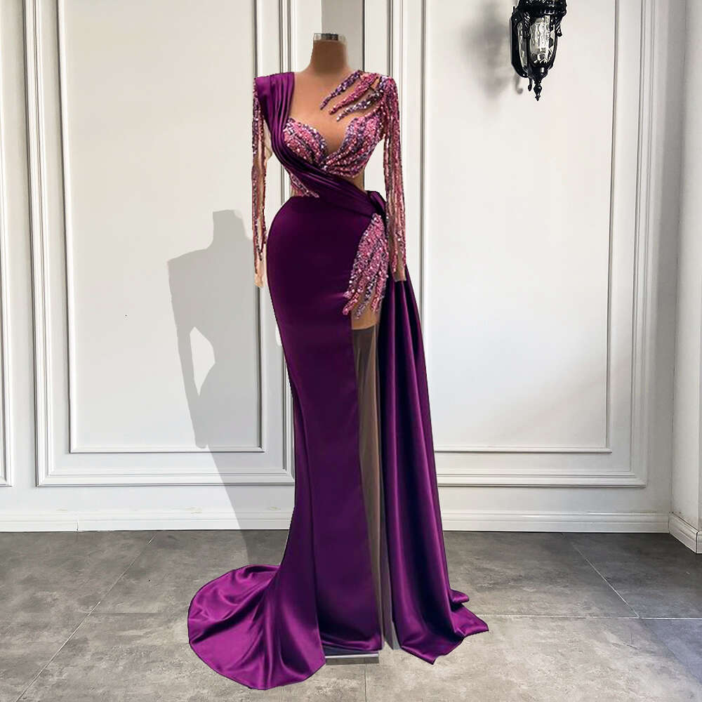 Sleeve Long Dresses Real Sample Pearls Dubai Women Purple Satin Sheer Formal Evening Gowns