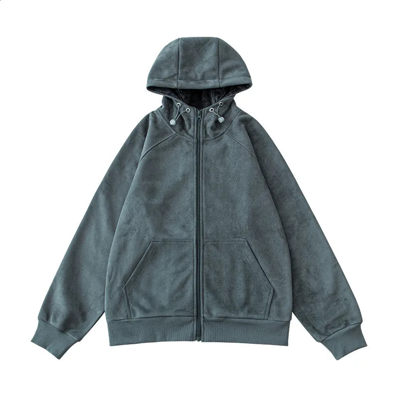 Suede lining Raglan pullover hoodie loose retro cotton clip thick warm zipper 240823