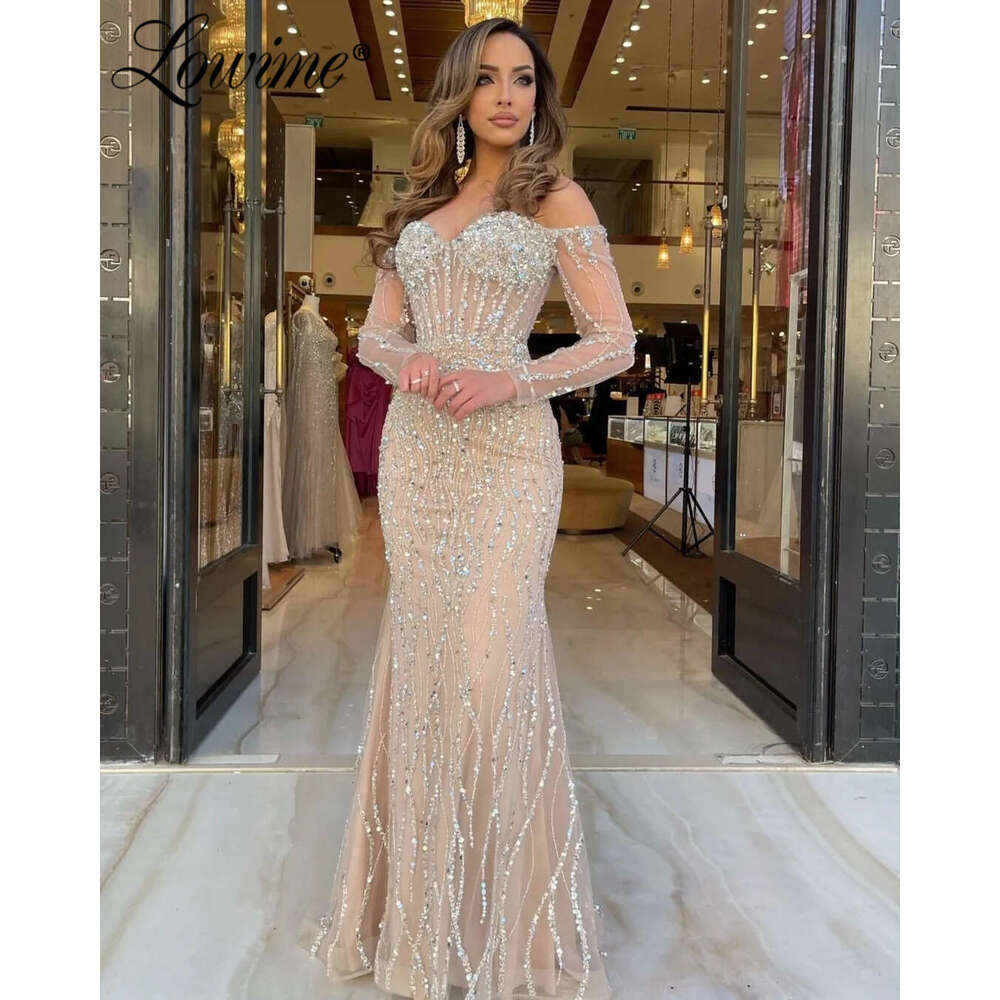 Champagne Long Sleeve Off The Shoulder Evening Customize Shiny Sequins Crystal Mermaid Party Dress With Corset Waist