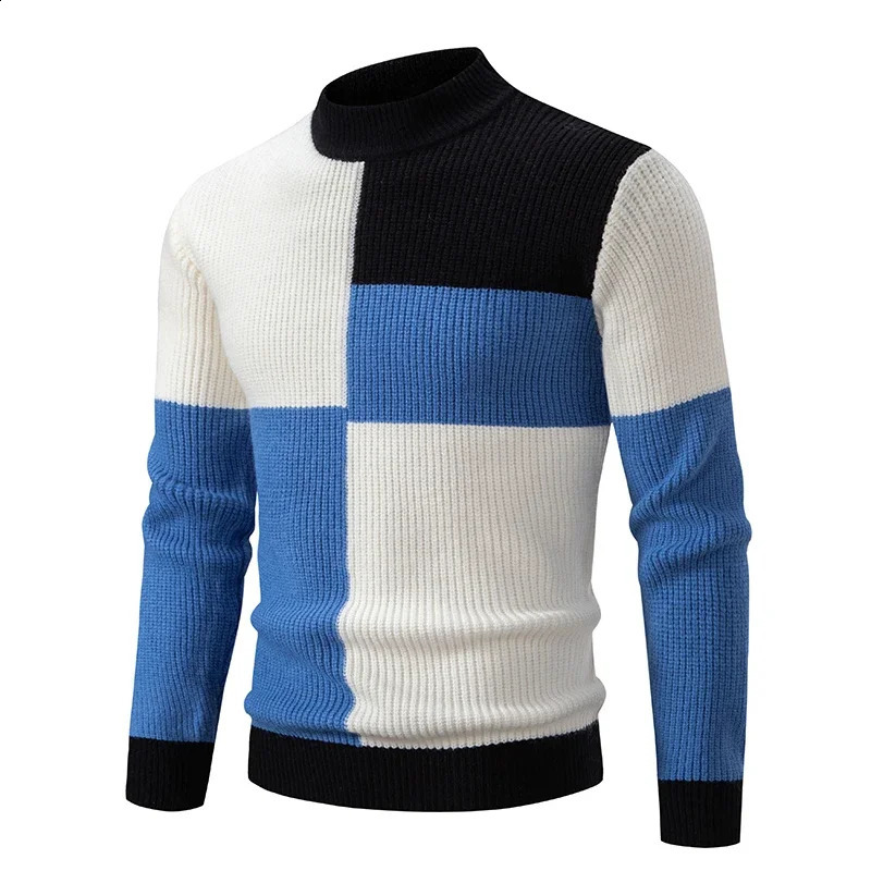 Mens Pullover Autumn Fashion Patch Work Knitted Sweater Mens Slim Fit Leisure Warm Knitted Sweater Top 240802