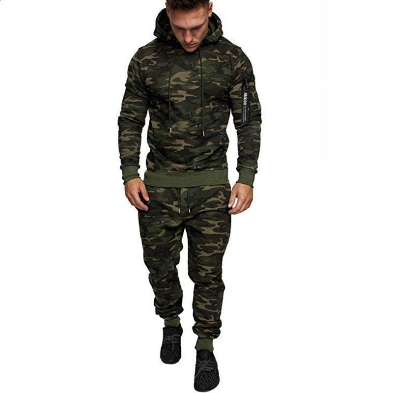 Mens Camouflage Tracksuit Sport Hoodies Pants Two Piece Set Outdoor Sports Suit Casual Jogging Suit Sweatshirts 240816