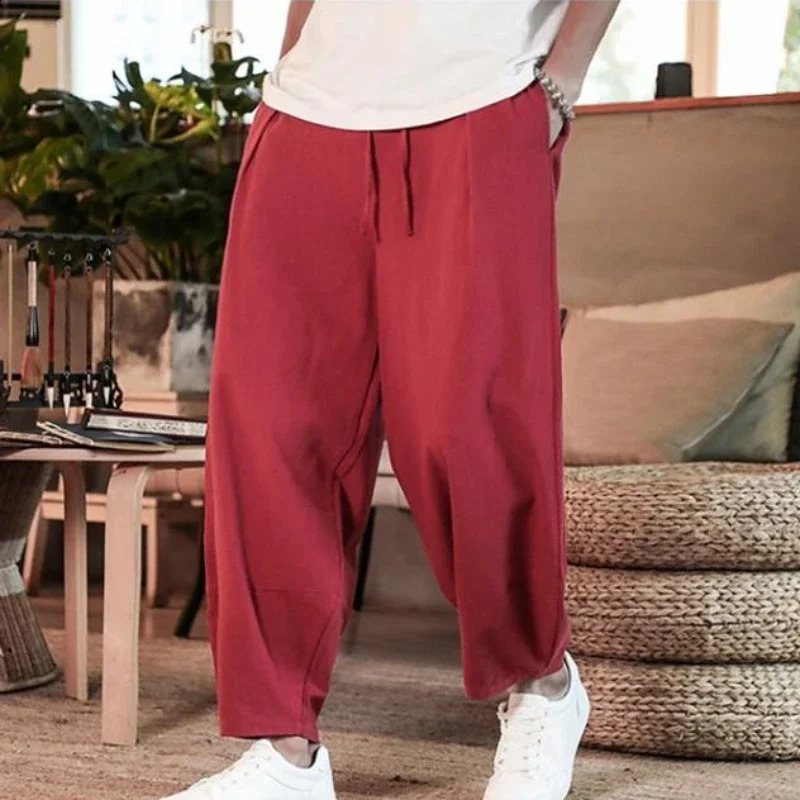 Mens Summer Chinese Style Linen Cropped Pants Loose Oversized Japanese Shorts 240816