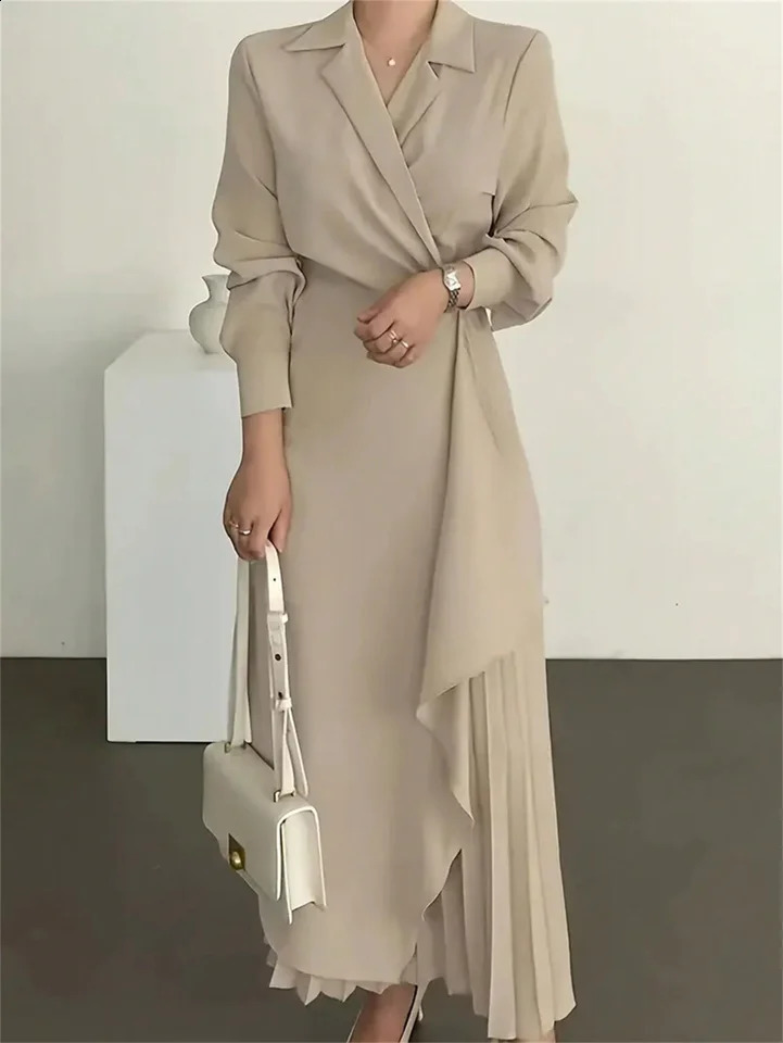Womens Formal Elegant Shirt Dress Vintage Long Solid Color Dress With Waist Tie 240816